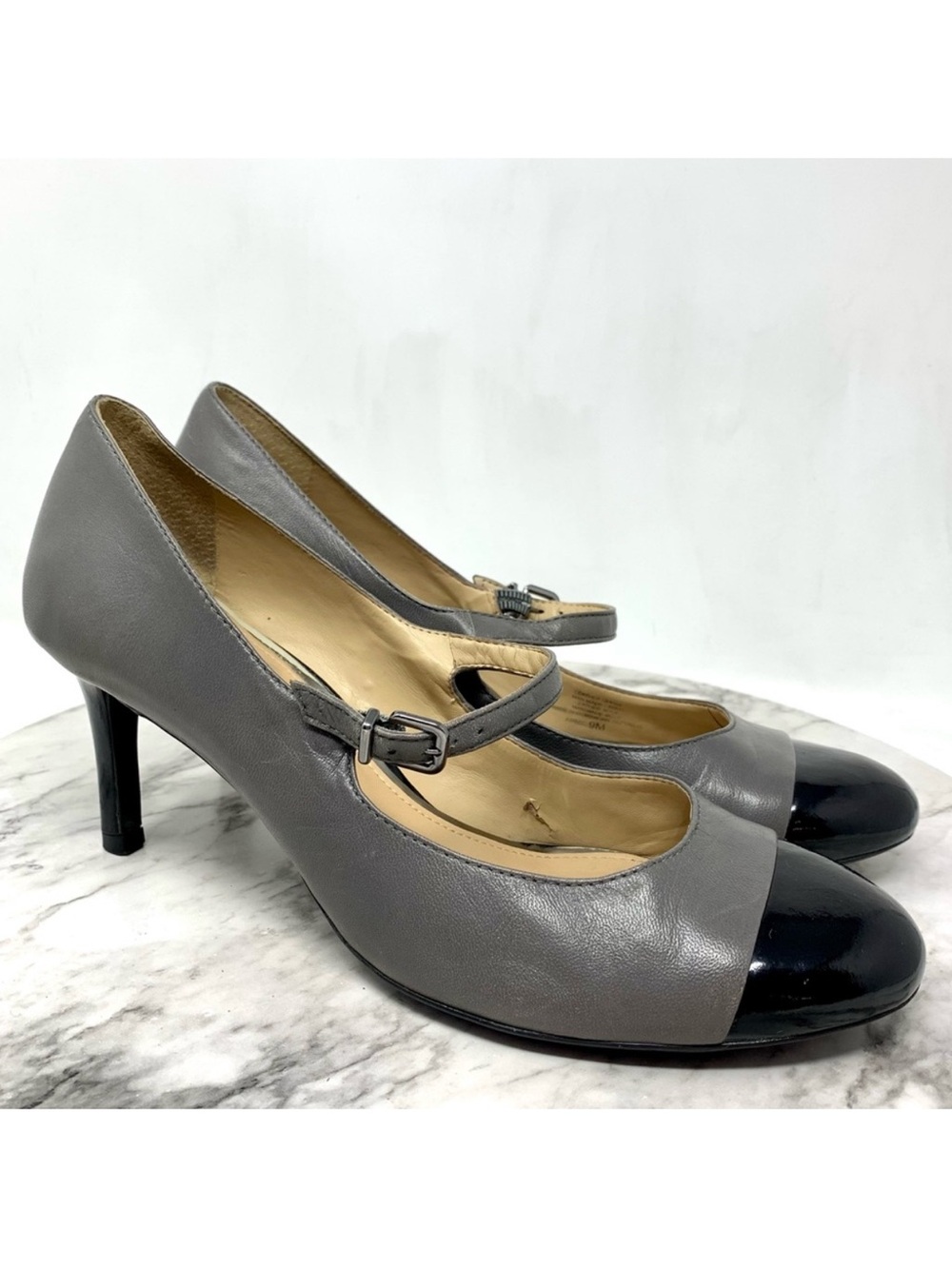 Antonio Melani April Gray Leather Cap Toe Mary Jane Pumps 9 Retro Classic Preppy